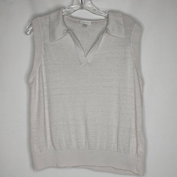 Garnet Hill Sleeveless Sweater 100% Linen V Neck Polo Collar Blousy Preppy Tan L - Picture 3 of 10